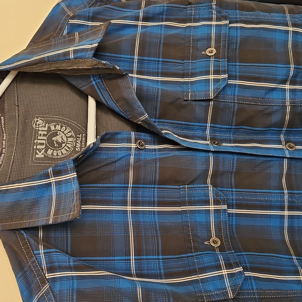 Kuhl Blue Gray White Striped Plaid Button Down Long Sleeve Collar Shirt Mens S - Picture 3 of 8